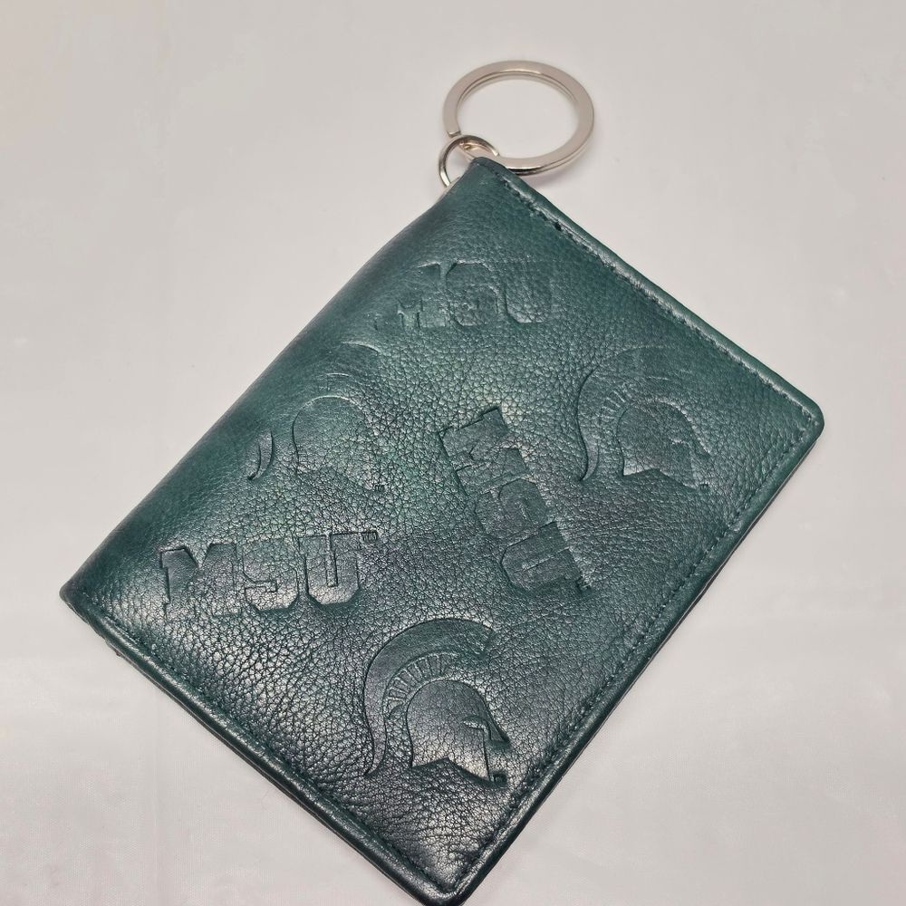 Michigan State University MSU Spartans Vintage Green Leather Keychain ID Wallet